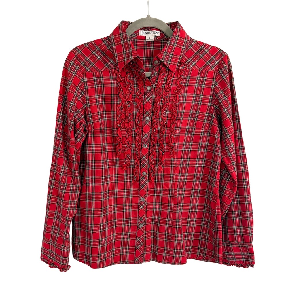 Pendleton Red Plaid Ruffle Front Western Shirt Womens Small Cotton‎ Button Down
